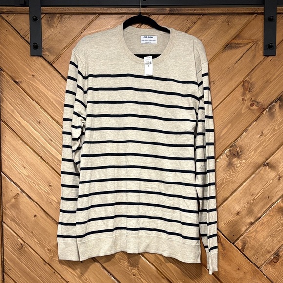 Men’s Old Navy Tan and Navy Striped Crew-Neck Sweater NWT - Picture 1 of 6